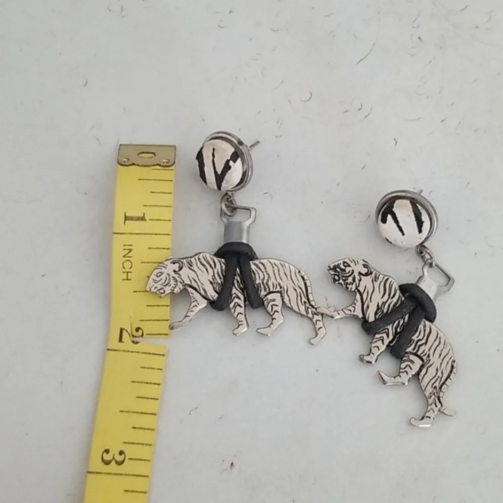 Vintage Silver Tone and Black Tiger Earrings